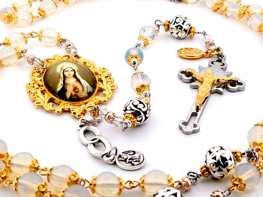 Immaculate Heart of Mary unique rosary beads opal gemstone rosary beads with stainless steel and gold Saint Benedict crucifix.