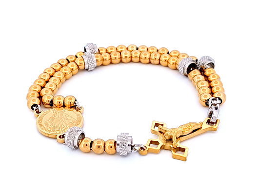 Miraculous medal gold plated unique rosary beads stainless steel wearable 5 decade rosary bracelet with Saint Benedict crucifix.