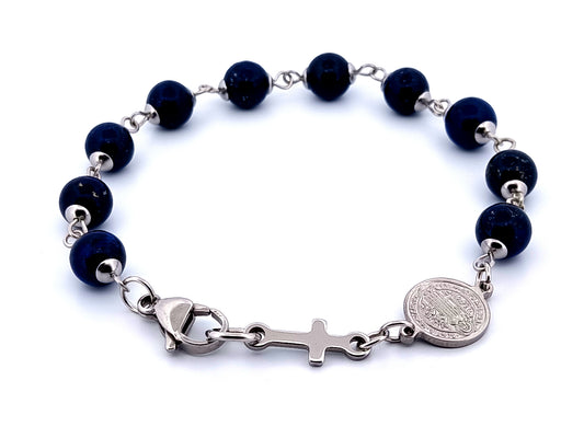 Saint Benedict unique rosary beads Lapis Lazuli gemstone mens rosary beads bracelet with stainless steel linking cross.
