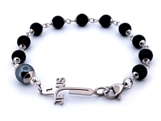 Mens single decade unique rosary beads onyx gemstone rosary bracelet with Jesus linking cross medal.