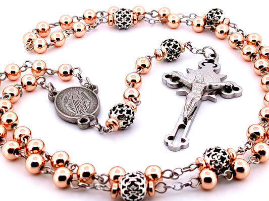 Miraculous medal unique rosary beads rose gold hematite gemstone rosary beads with stainless steel Saint Benedict crucifix.