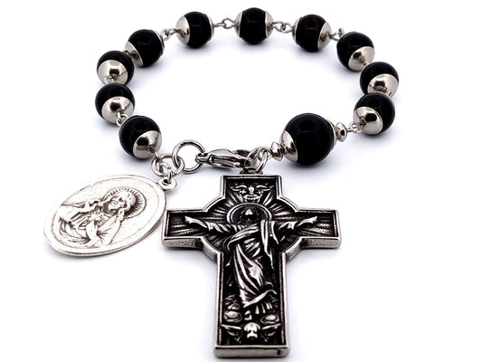 The Resurrection unique rosary beads single decade onyx gemstone rosary beads with large Brown Scapular silver medal.