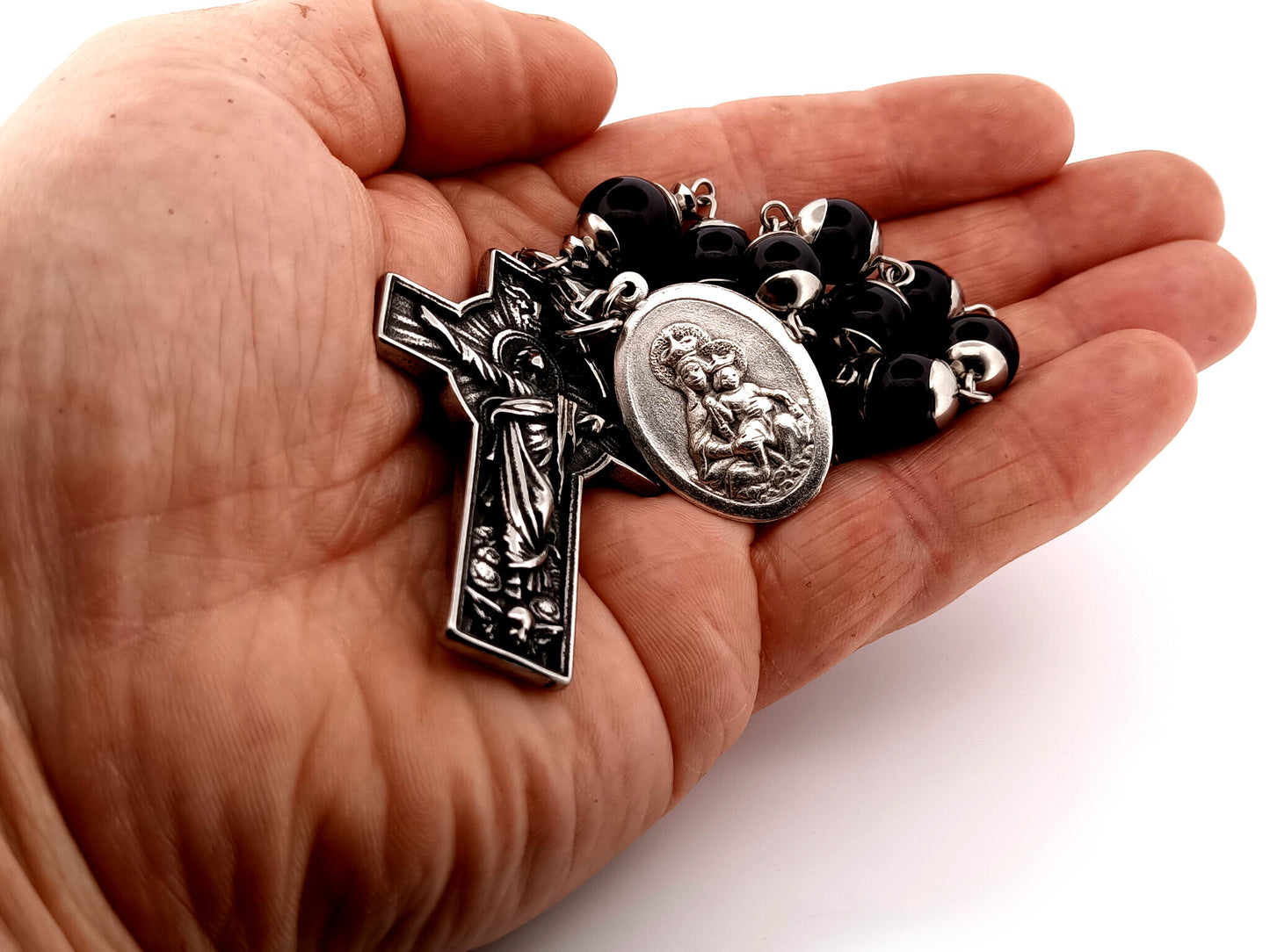 The Resurrection unique rosary beads single decade onyx gemstone rosary beads with large Brown Scapular silver medal.