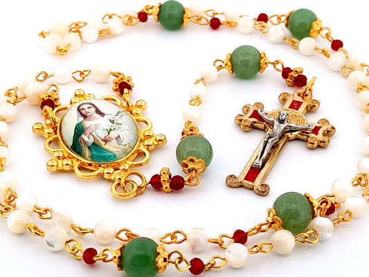 Saint Maria Goretti unique rosary beads mother of pearl rosary beads with red enamel scroll design Saint Benedict crucifix.