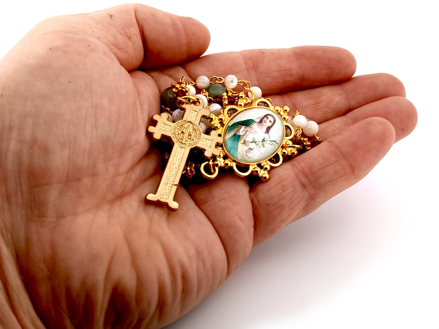 Saint Maria Goretti unique rosary beads mother of pearl rosary beads with red enamel scroll design Saint Benedict crucifix.