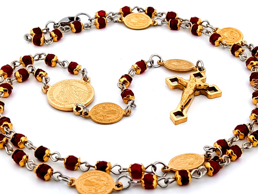 Miraculous medal unique rosary beads miniature wearable jasper gemstone rosary beads with gold plated Saint Benedict linking medals.