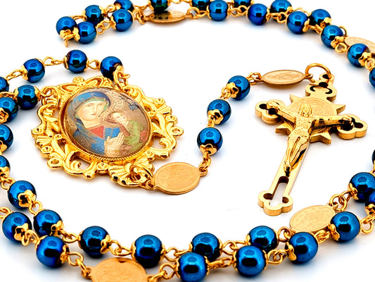 Our Lady of Perpetual Help unique rosary beads hematite gemstone rosary beads with Miraculous medal linking beads and Saint Benedict crucifix.