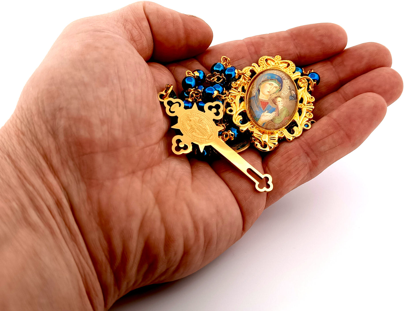 Our Lady of Perpetual Help unique rosary beads hematite gemstone rosary beads with Miraculous medal linking beads and Saint Benedict crucifix.