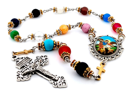 Saint Michael unique rosary beads multi coloured gemstone single decade rosary beads with silver pardon crucifix.