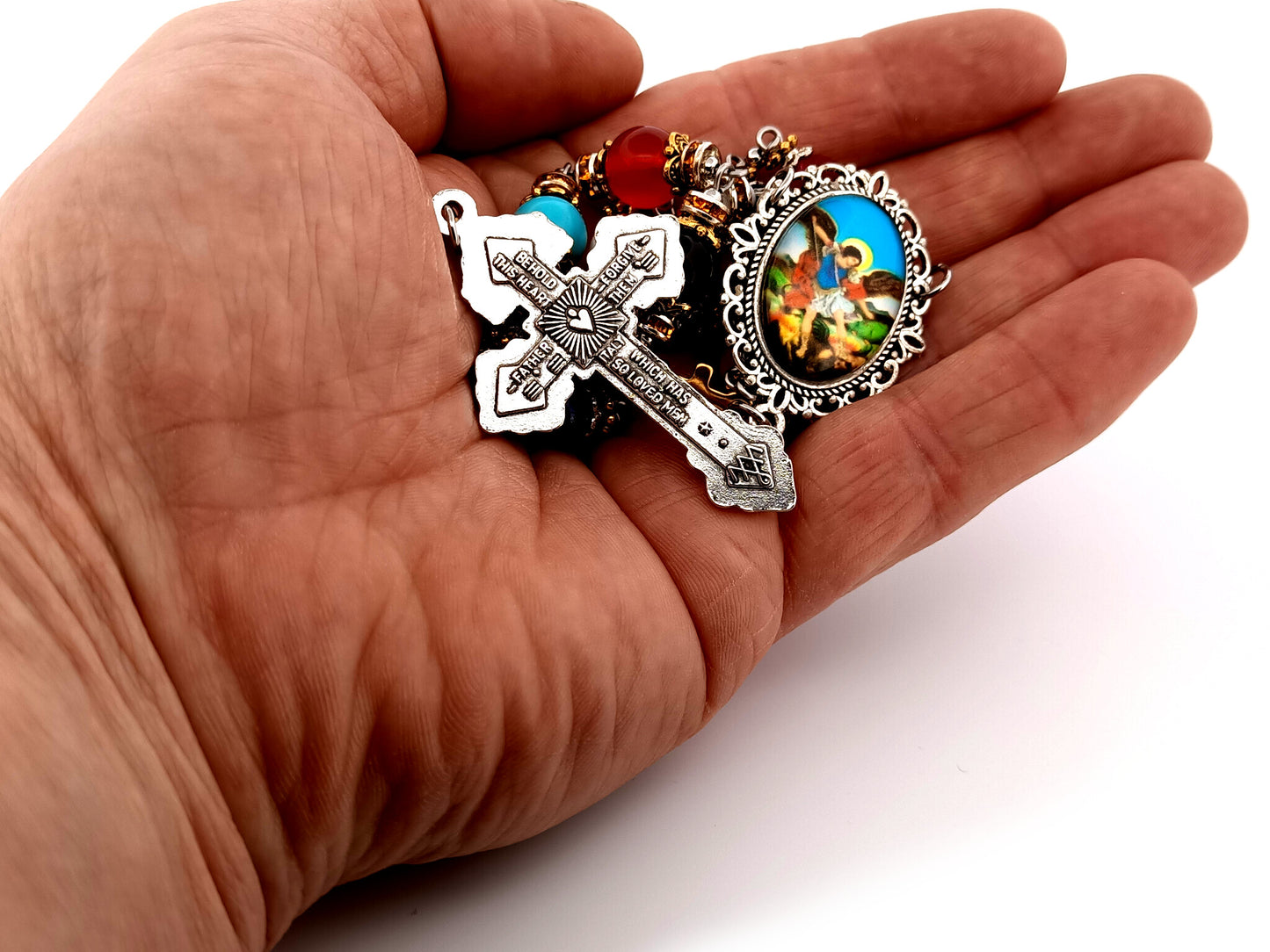 Saint Michael unique rosary beads multi coloured gemstone single decade rosary beads with silver pardon crucifix.