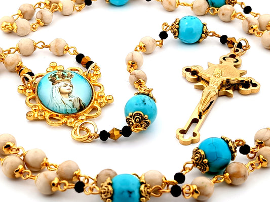 Our Lady Queen of heaven unique rosary beads gemstone rosary beads with gold plated Saint Benedict stainless steel crucifix.