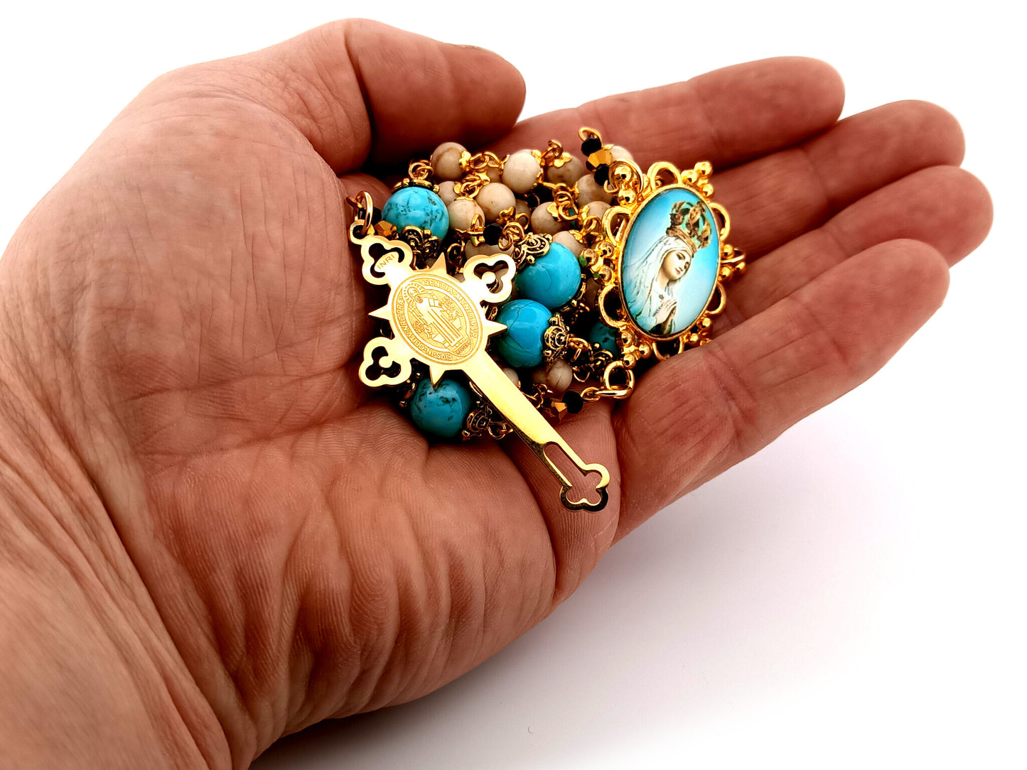 Our Lady Queen of heaven unique rosary beads gemstone rosary beads with gold plated Saint Benedict stainless steel crucifix.
