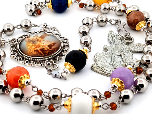 Saint Michael gemstone and stainless steel unique rosary beads prayer chaplet with large silver Saint Michael medal.