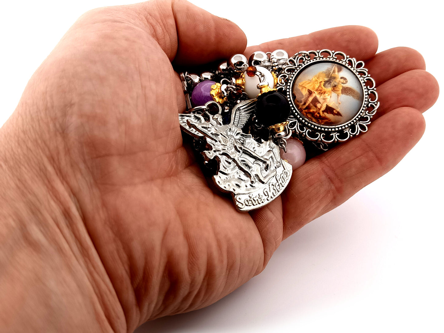 Saint Michael gemstone and stainless steel unique rosary beads prayer chaplet with large silver Saint Michael medal.
