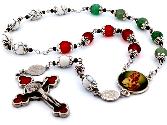 Saint Dymphna unique rosary beads gemstone prayer chaplet with Saint Benedict medals and red enamel and pewter rose crucifix.