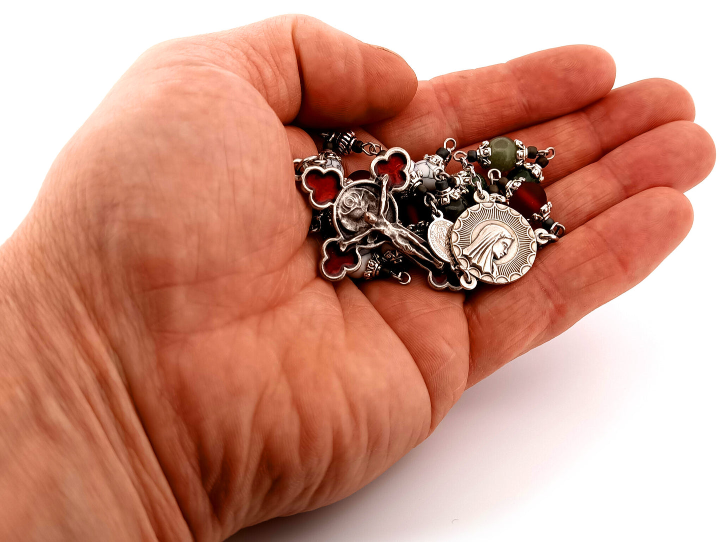 Saint Dymphna unique rosary beads gemstone prayer chaplet with Saint Benedict medals and red enamel and pewter rose crucifix.