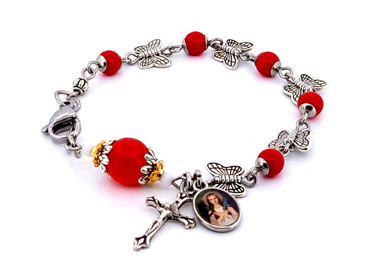 Saint Philomena unique rosary beads jasper gemstone and silver butterfly single decade rosary bracelet with ruby gemstone Our Father beads.