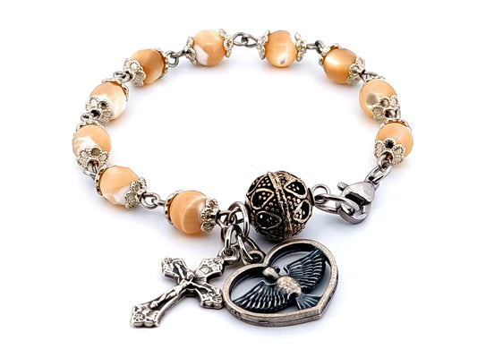 Holy Spirit mother of pearl unique rosary beads single decade rosary bracelet with filigree crucifix.