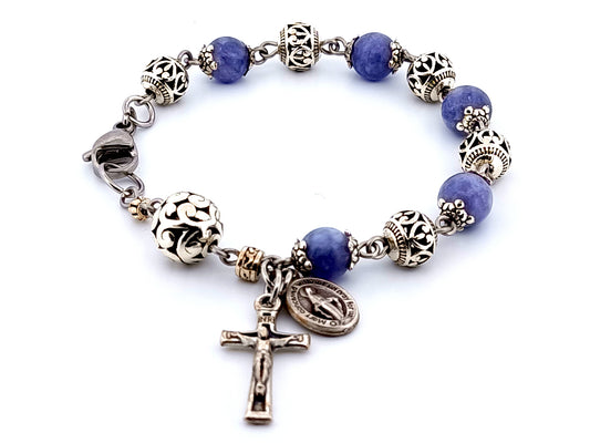 Miraculous medal silver and gemstone unique rosary beads single decade rosary bracelet with stainless steel wire and clasp with small silver crucifix.
