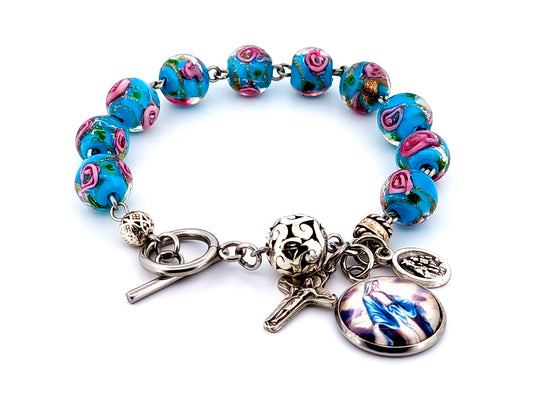 Floral glass unique rosary beads single decade rosary beads bracelet with Our Lady of Grace medal and Brown Scapular medal.
