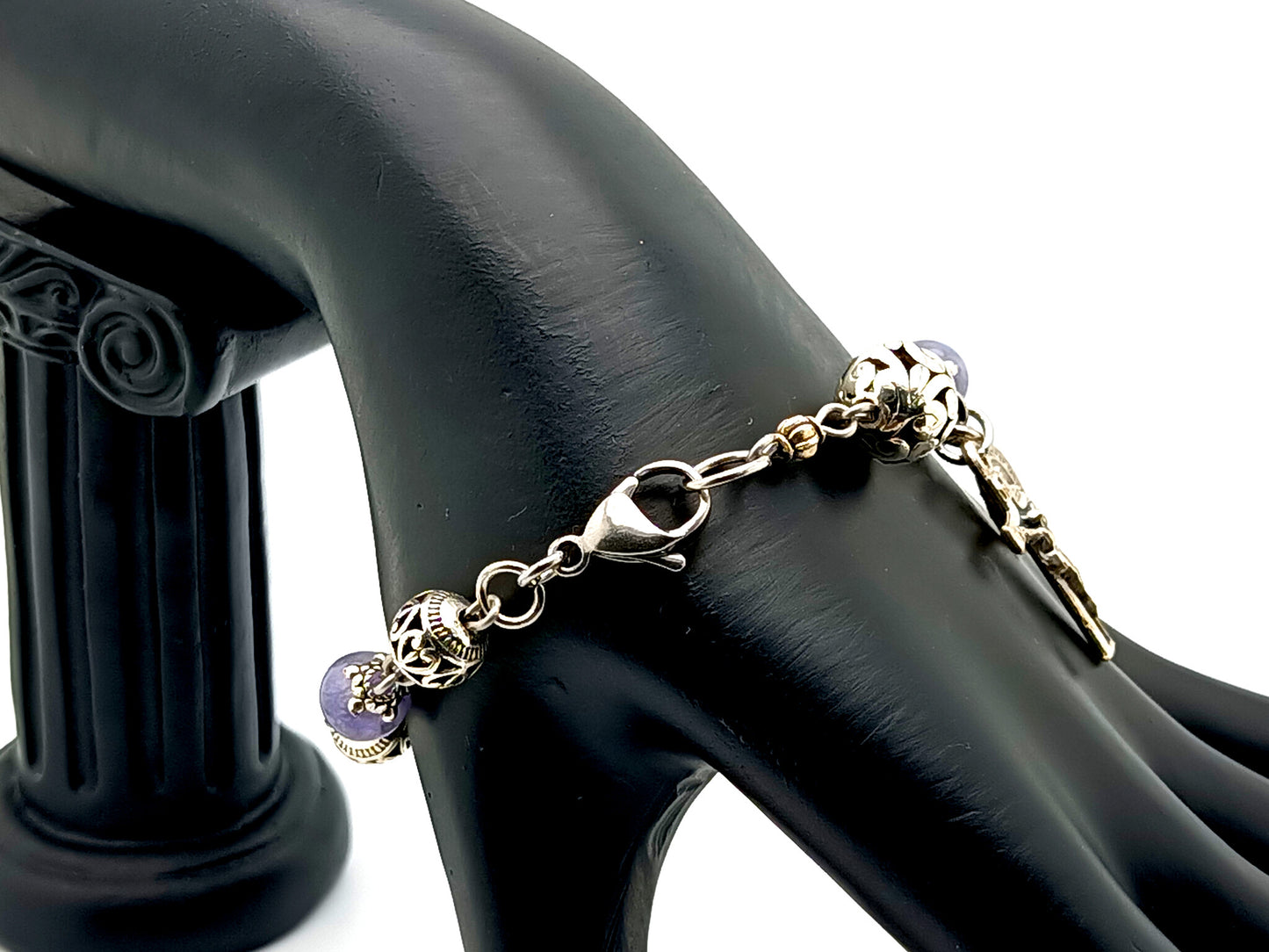 Miraculous medal silver and gemstone unique rosary beads single decade rosary bracelet with stainless steel wire and clasp with small silver crucifix.