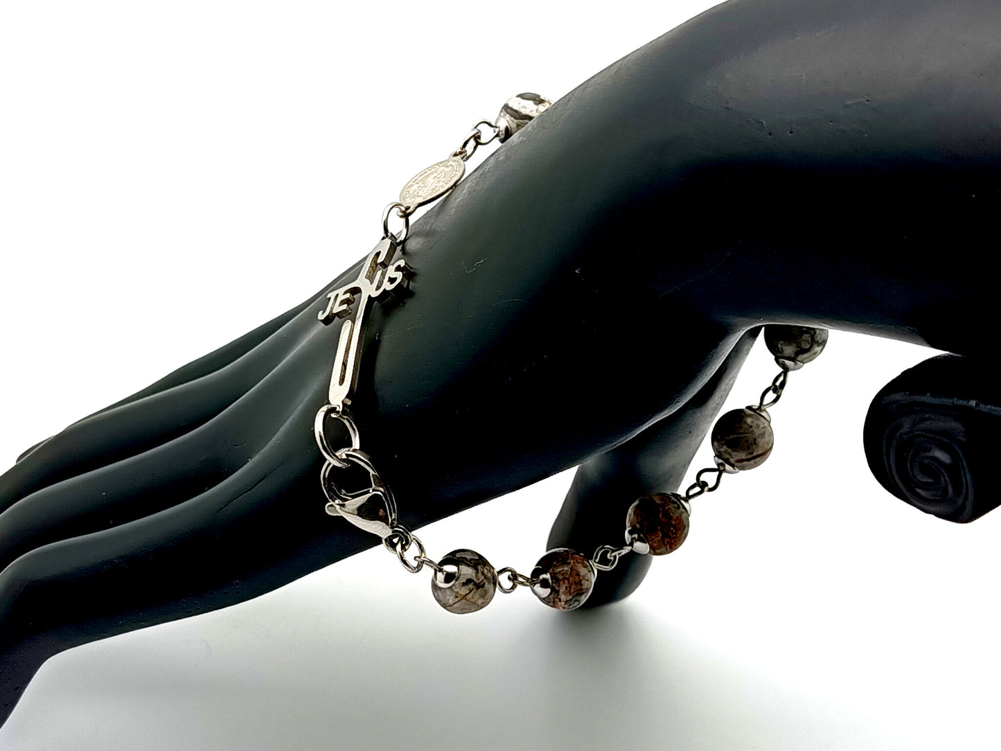 Mens jasper unique rosary beads single decade rosary bead bracelet with stainless steel Miraculous medal and linking Jesus medal.