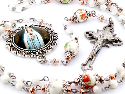 Virgin Mary Rosa Mystica unique rosary beads mother of pearl rosary beads with floral porcelain beads and Saint Benedict crucifix.