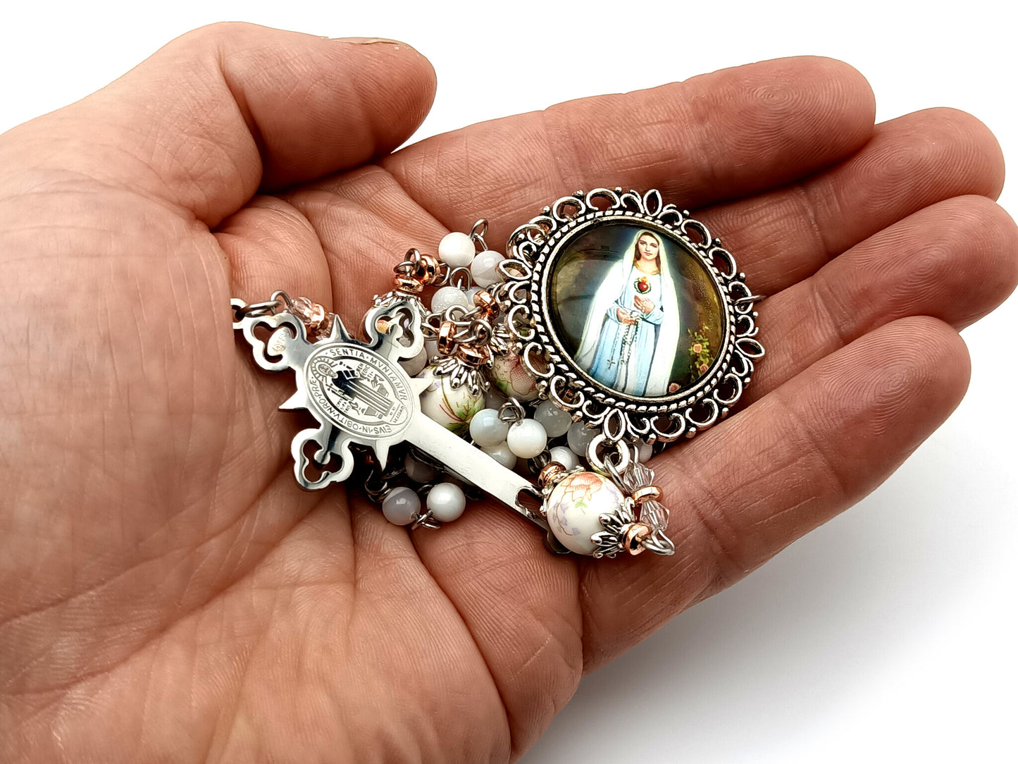 Virgin Mary Rosa Mystica unique rosary beads mother of pearl rosary beads with floral porcelain beads and Saint Benedict crucifix.