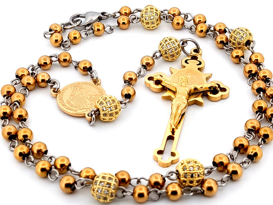 Miraculous medal unique rosary beads stainless steel and crystal wearable rosary beads necklace with gold plated Saint Benedict crucifix.
