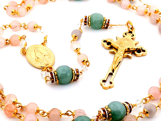 Miraculous medal unique rosary beads rose quartz gemstone rosary beads with gold plated Saint Benedict crucifix.
