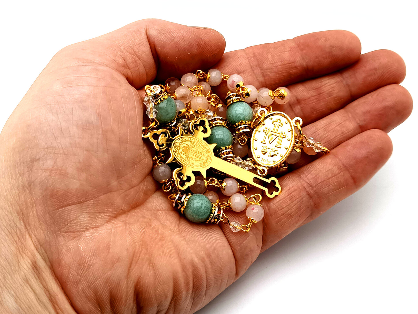 Miraculous medal unique rosary beads rose quartz gemstone rosary beads with gold plated Saint Benedict crucifix.