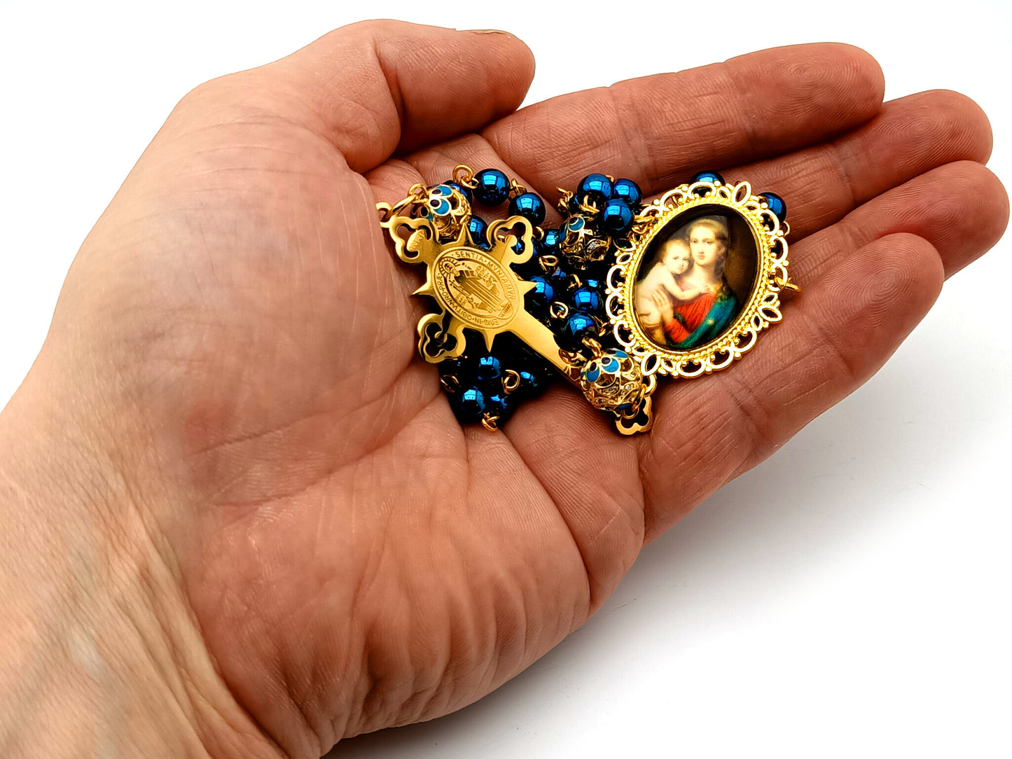 Virgin Mary and Baby Jesus unique rosary beads hematite gemstone rosary beads with gold and enamel filigree beads