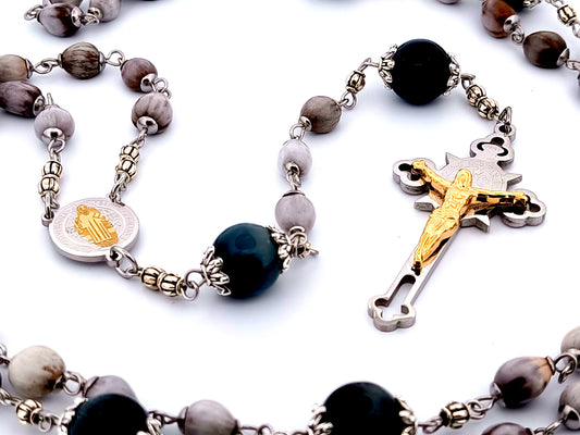 Saint Benedict Job's tears unique rosary beads rosary beads with tigers eye gemstones and stainless steel and gold corpus Saint Benedict crucifix.