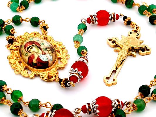 Our Lady of Perpetual Help unique rosary beads agate gemstone rosary beads with gold plated Saint Benedict crucifix and ruby gemstones.