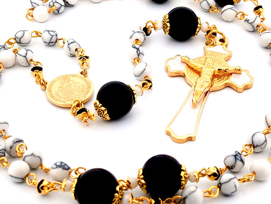 Gold plated Miraculous medal unique rosary beads howlite and onyx gemstone rosary beads with gold plated and enamel Saint Benedict crucifix.
