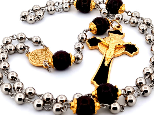 Saint Benedict unique rosary beads stainless steel and onyx gemstone rosary beads with gold and black enamel crucifix.