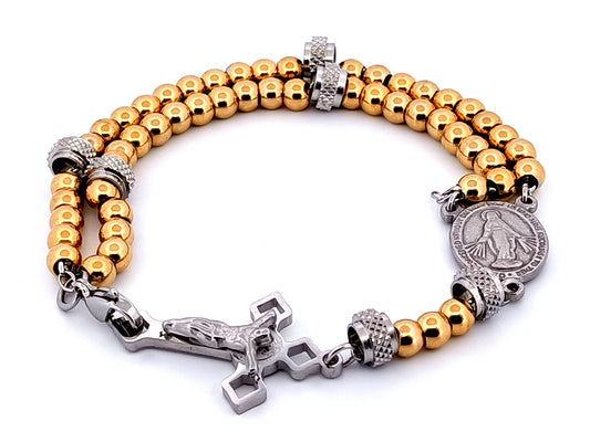 Miraculous medal unique rosary beads in silver and gold plated stainless steel wearable 5 decade rosary bracelet with silver Saint Benedict crucifix.