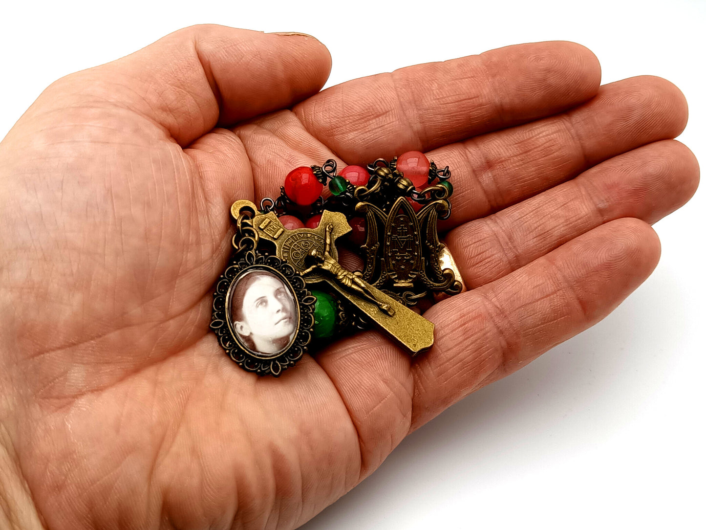 Antique style Gemma Galgani and Miraculous medal unique rosary beads gemstone single decade rosary beads with brass Saint Benedict crucifix.