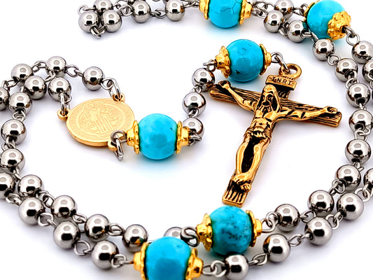 Saint Benedict stainless steel and turquoise unique rosary beads gemstone rosary beads with gold plated stainless steel crucifix.