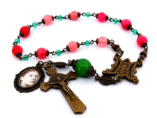 Antique style Gemma Galgani and Miraculous medal unique rosary beads gemstone single decade rosary beads with brass Saint Benedict crucifix.