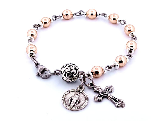 Miraculous medal unique rosary beads rose gold hematite gemstone single decade rosary bead bracelet with filigree Our Father bead.