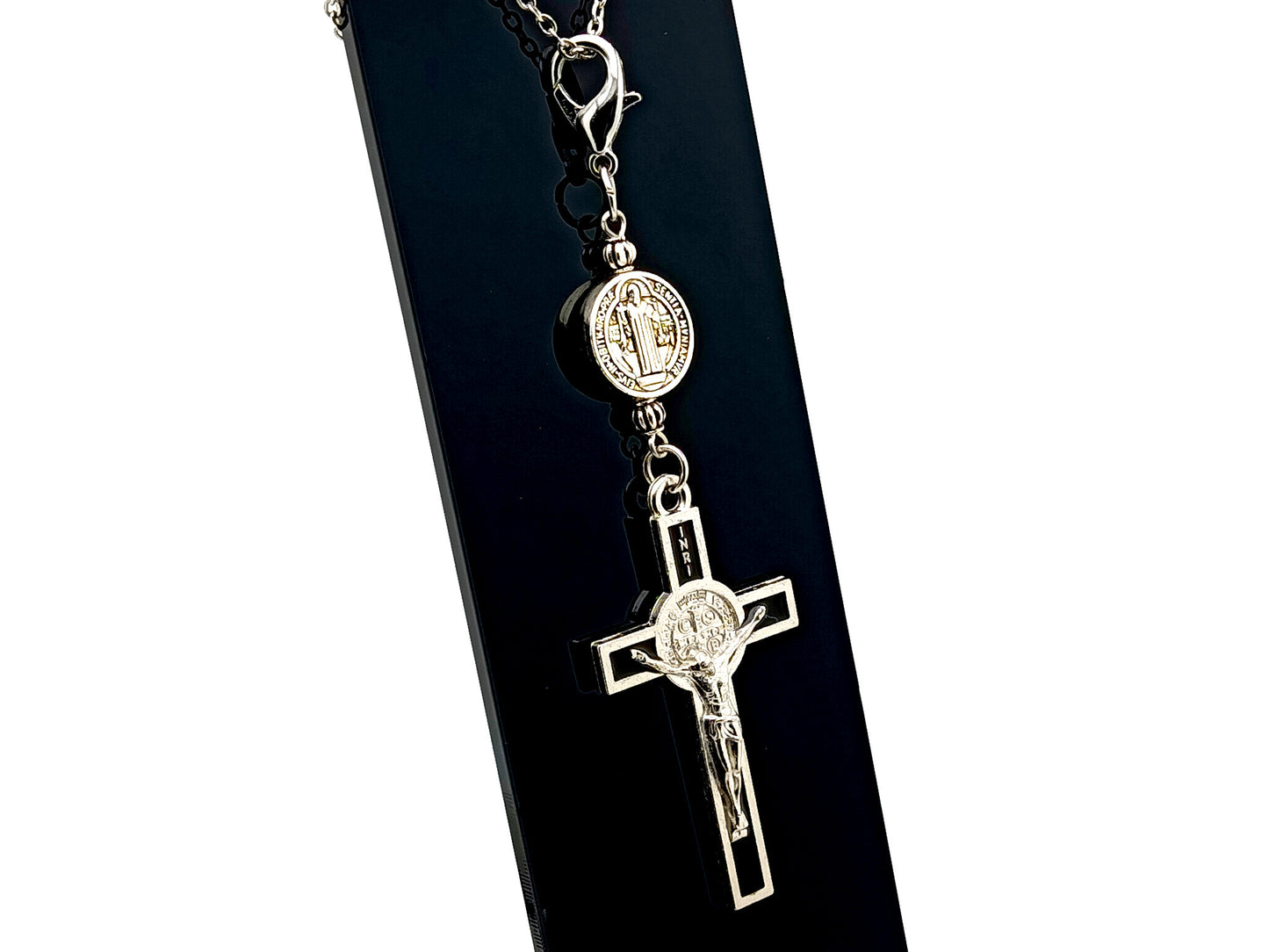 Saint Benedict unique rosary beads enamel crucifix and linking Saint Benedict medal purse clip on lobster purse clasp.