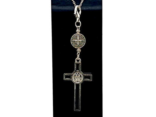 Saint Benedict unique rosary beads enamel crucifix and linking Saint Benedict medal purse clip on lobster purse clasp.