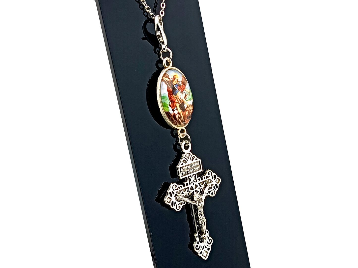 Silver unique rosary beads Pardon crucifix and linking Saint Michael domed picture medal purse clip on lobster purse clasp.