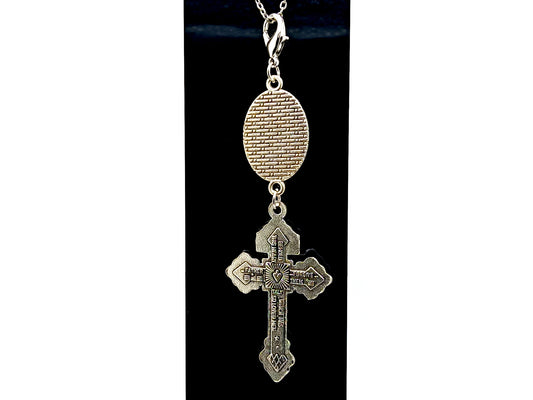 Silver unique rosary beads Pardon crucifix and linking Saint Michael domed picture medal purse clip on lobster purse clasp.