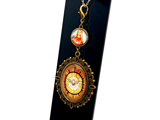 Extra large antique style unique rosary beads Holy Spirit and linking Immaculate Heart of Mary domed double sided picture medal purse clip on lobster purse clasp.
