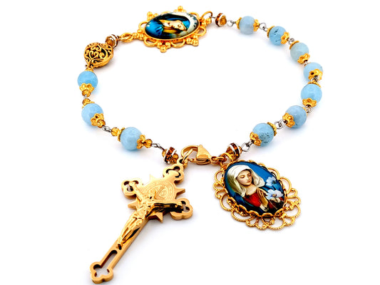 Our Lady of Sorrows unique rosary beads Servite dolor gemstone prayer chaplet beads with gold plated Saint benedict crucifix.