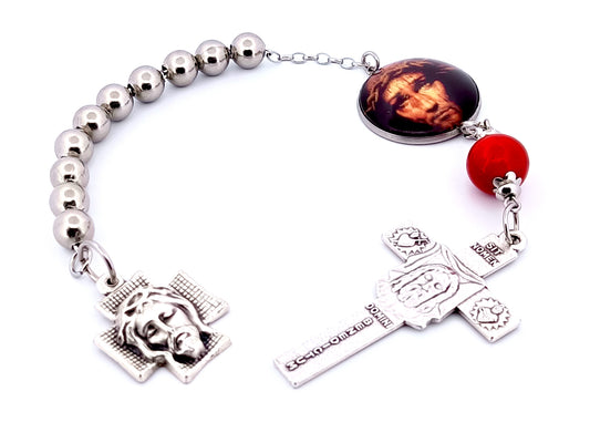 The Holy Face of Jesus unique rosary beads gemstone and stainless steel single decade rosary beads with silver Holy Face crucifix.
