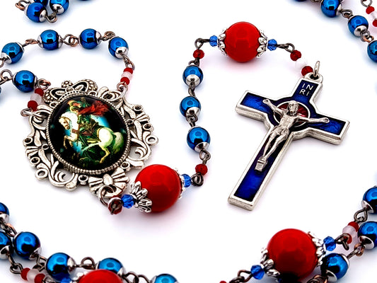 Saint George unique rosary beads electro plated hematite gemstone rosary beads with blue enamel Holy Spirit crucifix.