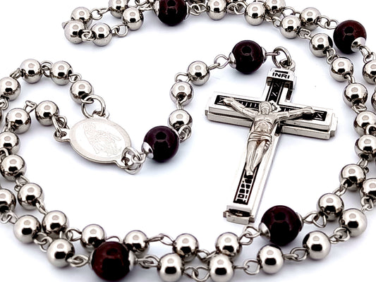 Miraculous medal unique rosary beads stainless steel and garnet gemstone wearable rosary beads necklace with box design crucifix.